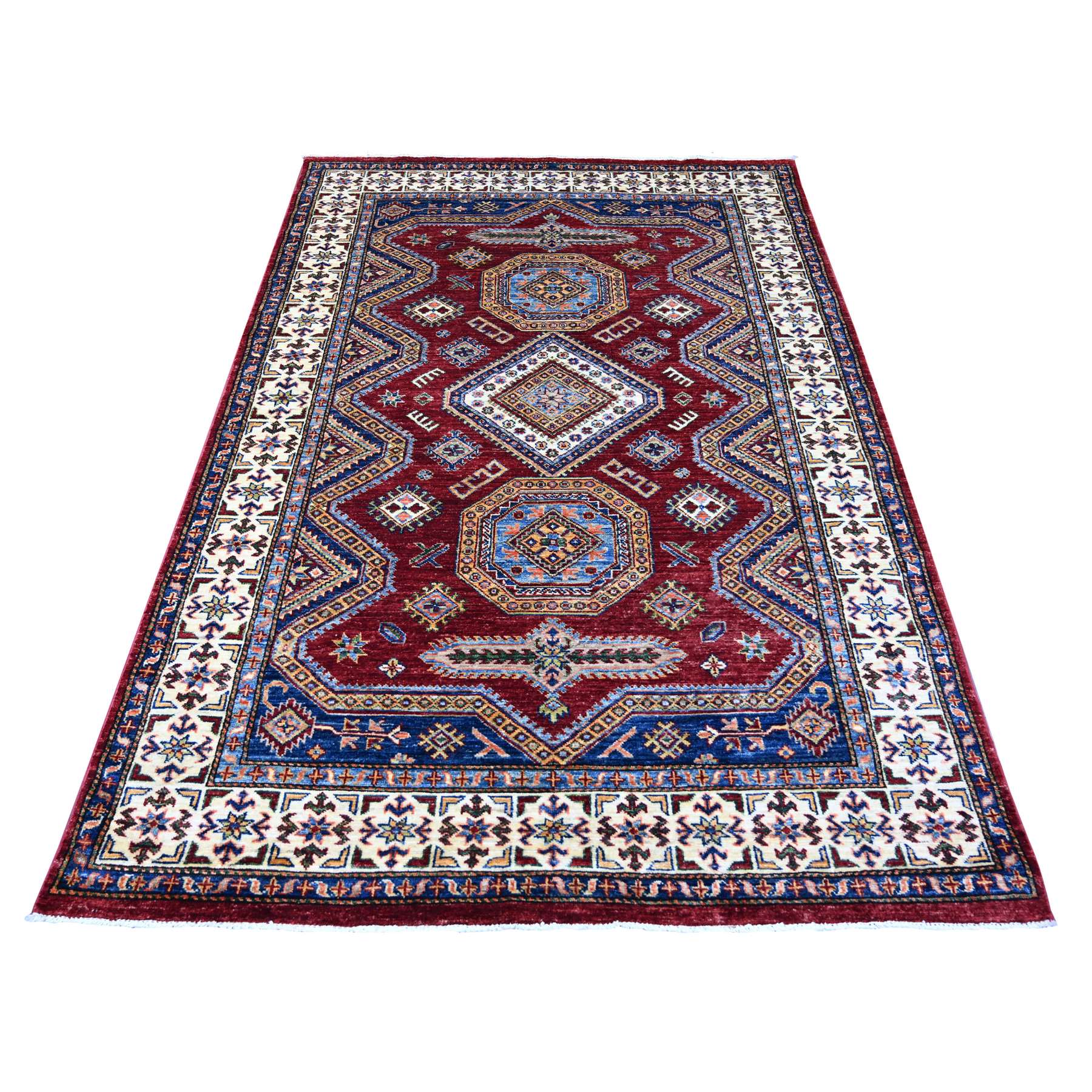 Currant Red, Afghan Super Kazak with Geometric Medallions Design, Hand Knotted, Soft and Shiny Wool, Vegetable Dyes, Oriental Rug